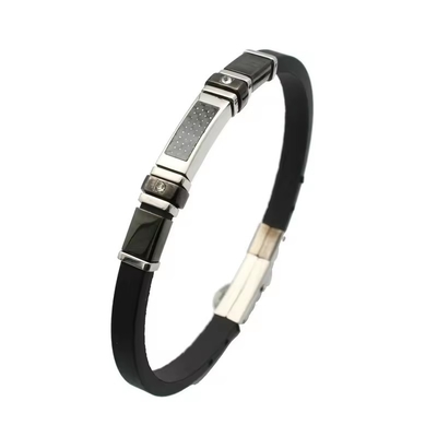 Stainless Steel Soft Rubber Bracelet with Carbon Fiber Plate Punk Style White Setting CZ Silicone Luxury Men's Jewelry