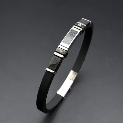 Stainless Steel Soft Rubber Bracelet with Carbon Fiber Plate Punk Style White Setting CZ Silicone Luxury Men's Jewelry