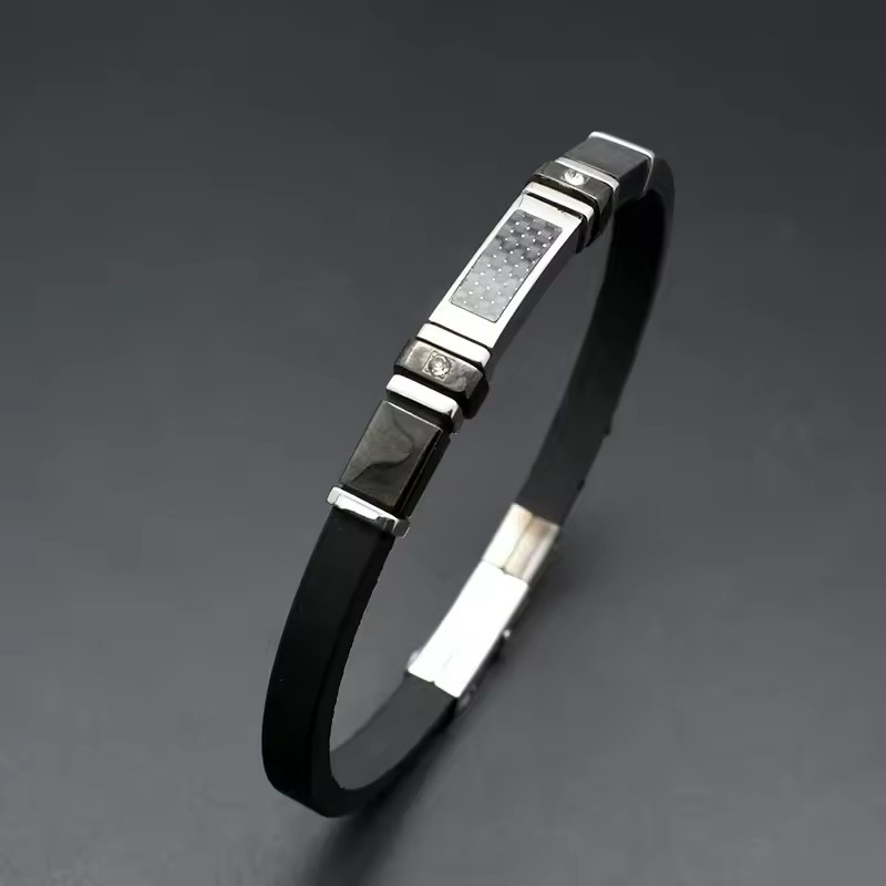Stainless Steel Soft Rubber Bracelet with Carbon Fiber Plate Punk Style White Setting CZ Silicone Luxury Men's Jewelry
