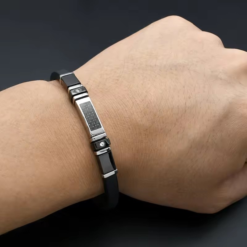 Stainless Steel Soft Rubber Bracelet with Carbon Fiber Plate Punk Style White Setting CZ Silicone Luxury Men's Jewelry